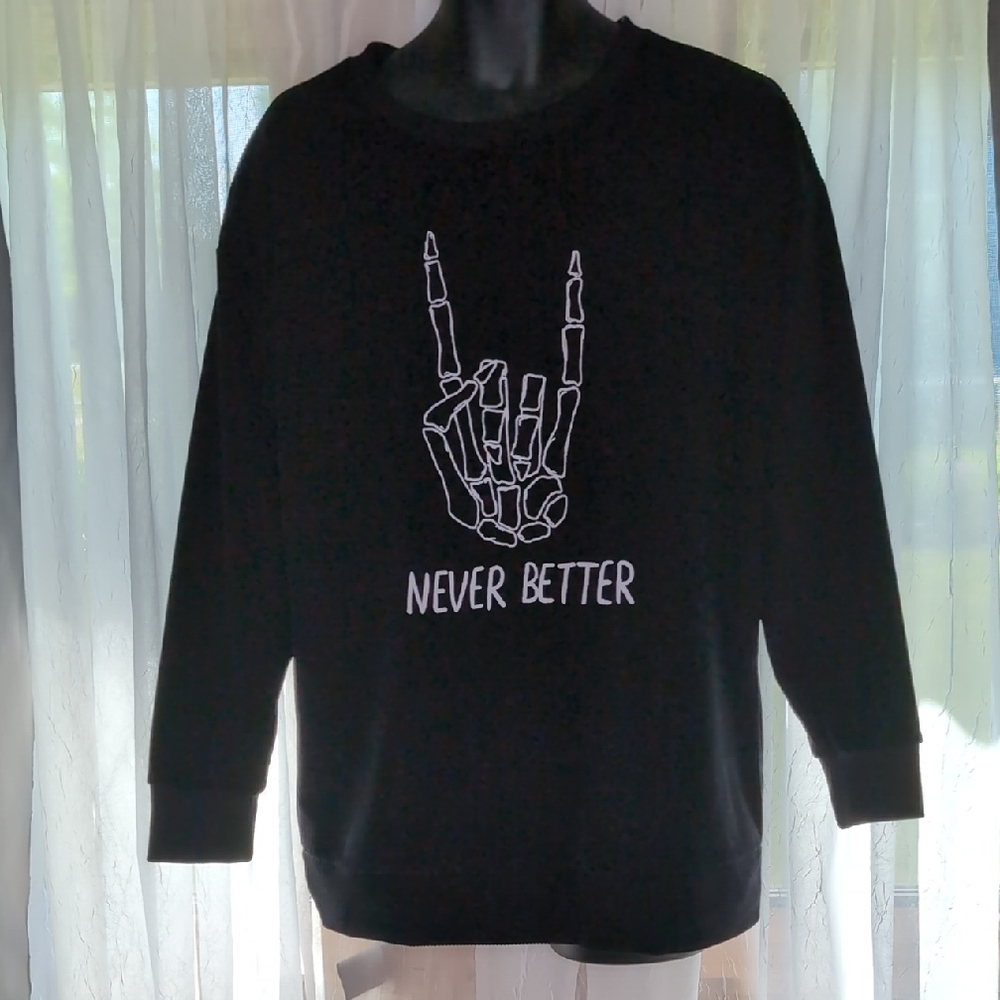 Black Crewneck Sweater with Striking Hand Gesture Design